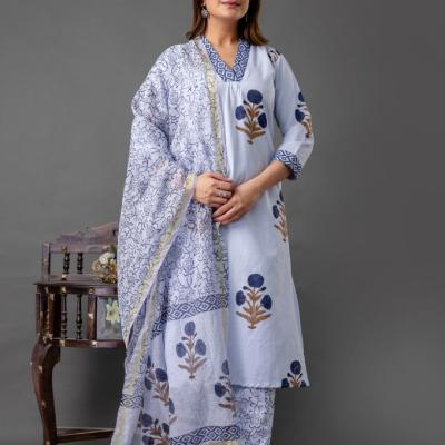 Martini - Cotton Floral Hand Block Printed Kurti with Pant and Dupatta