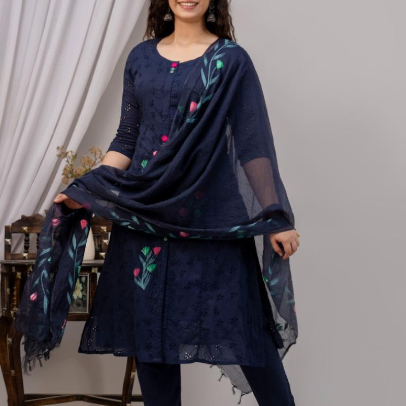Martini - Cotton Schiffli Work Kurti with Pant and Dupatta