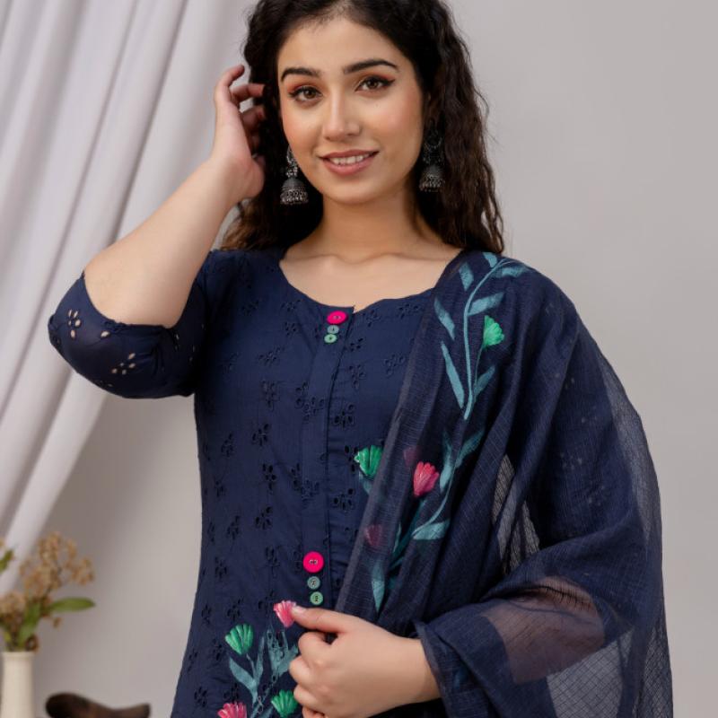 Martini - Cotton Schiffli Work Kurti with Pant and Dupatta