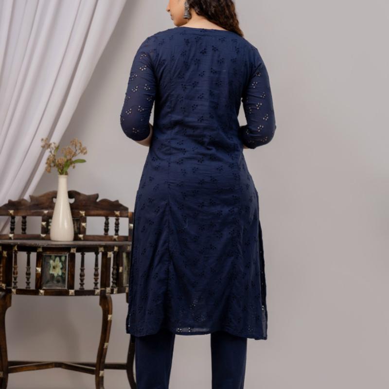 Martini - Cotton Schiffli Work Kurti with Pant and Dupatta