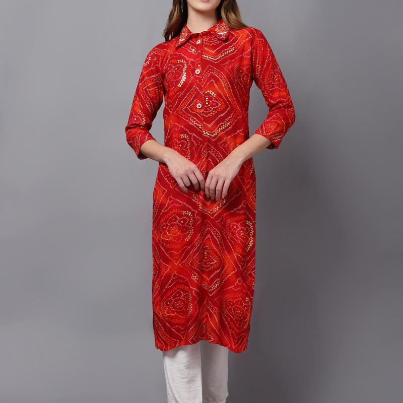 Charvi - Red Orange Badhani Viscose rayon Printed Womens Kurti