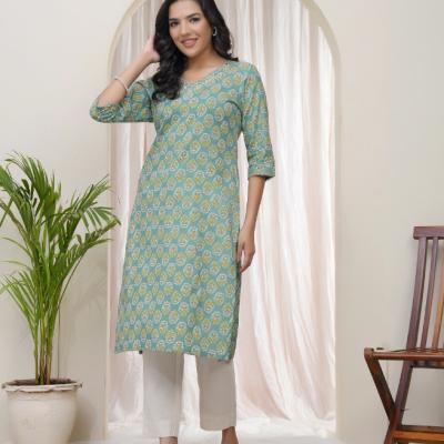 VAASVA - Aqua Cotton Printed Straight Kurti