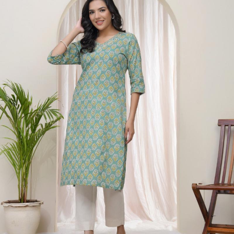 VAASVA - Aqua Cotton Printed Straight Kurti
