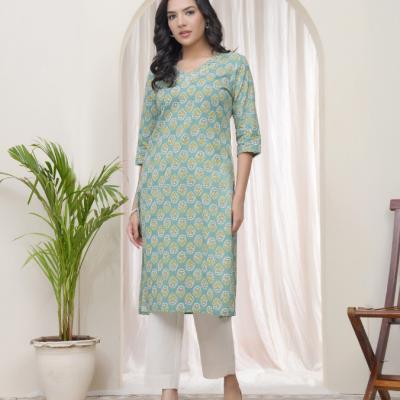 VAASVA - Aqua Cotton Printed Straight Kurti