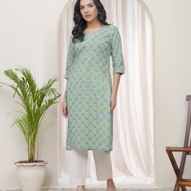 VAASVA - Aqua Cotton Printed Straight Kurti