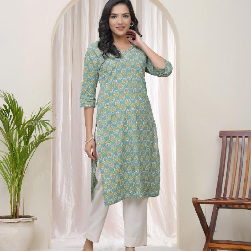 VAASVA - Aqua Cotton Printed Straight Kurti