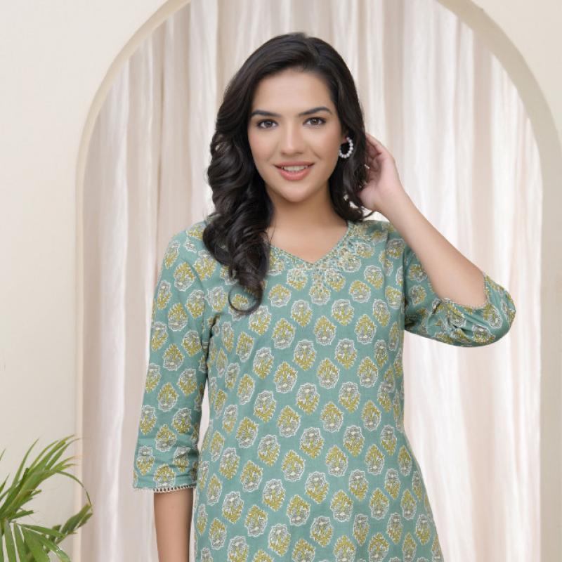 VAASVA - Aqua Cotton Printed Straight Kurti
