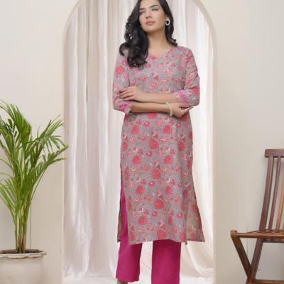 VAASVA - Charcoal Cotton Printed Straight Kurti