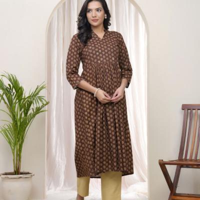 VAASVA - Vaasva Brown Boonta Cotton Printed Gathered Kurti