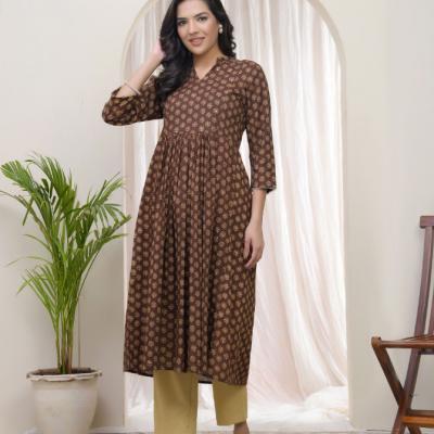 VAASVA - Vaasva Brown Boonta Cotton Printed Gathered Kurti