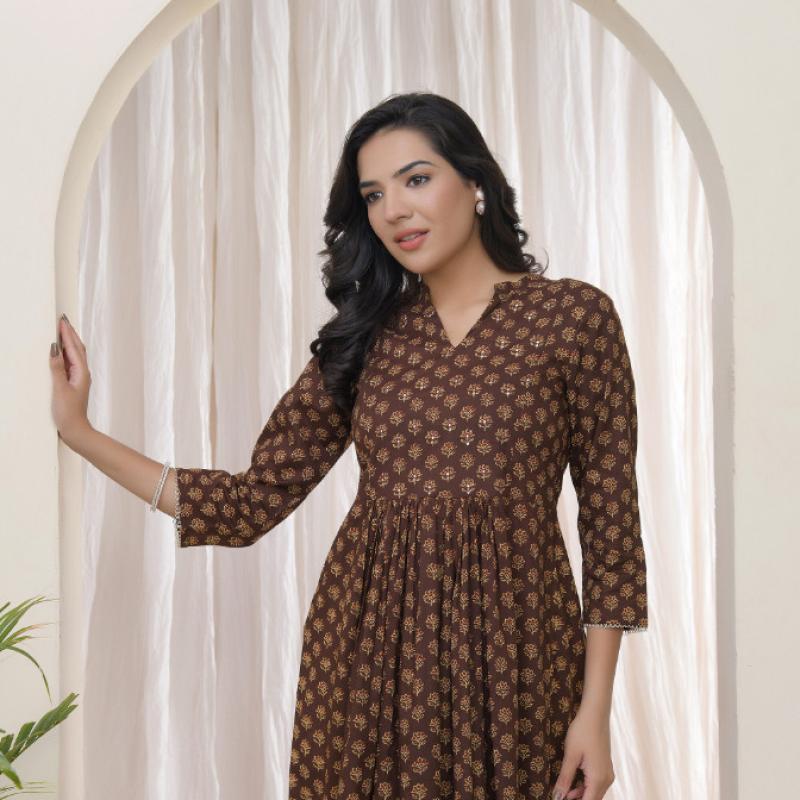VAASVA - Vaasva Brown Boonta Cotton Printed Gathered Kurti