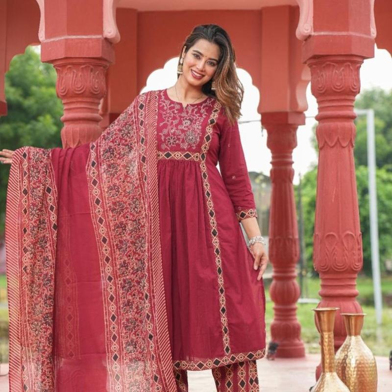 RKS - Cotton Cambric A Line Embroidery Work Kurti with Pant and Dupatta
