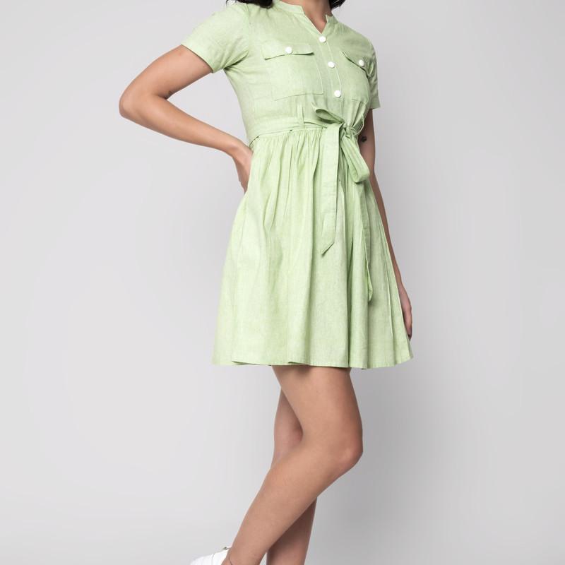 Sarah - Green Colored Cotton Flex Self Printed Midi Dress