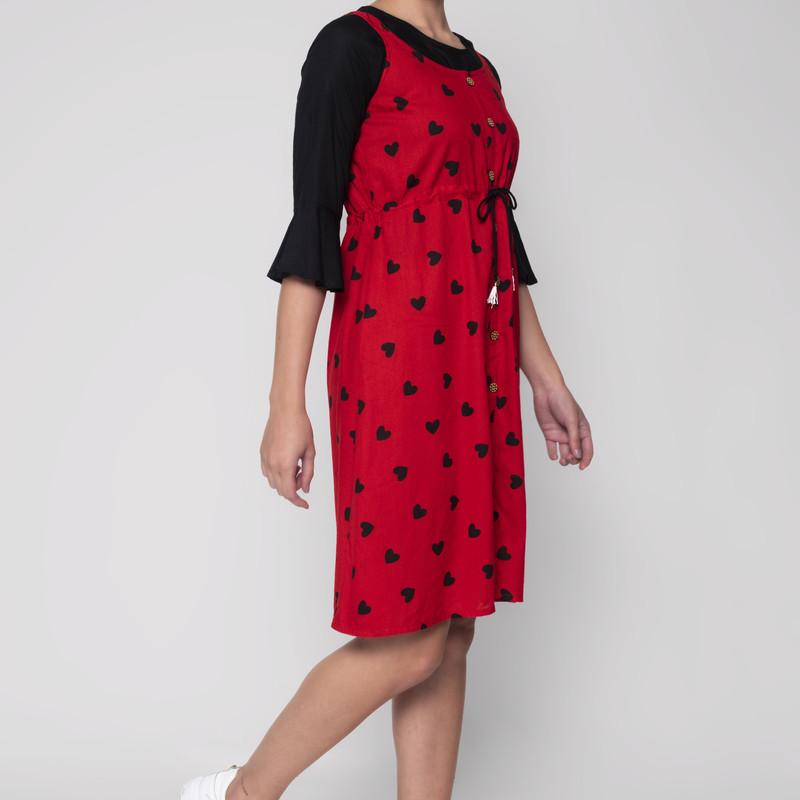 Sarah - Red Colored Rayon Heart Printed Two Pcs Printed Midi Dress