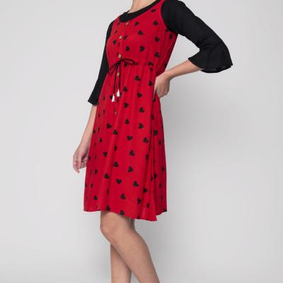 Sarah - Red Colored Rayon Heart Printed Two Pcs Printed Midi Dress