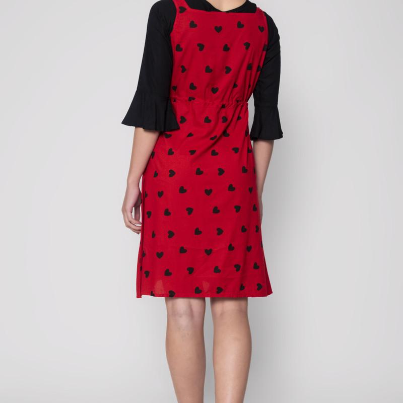 Sarah - Red Colored Rayon Heart Printed Two Pcs Printed Midi Dress