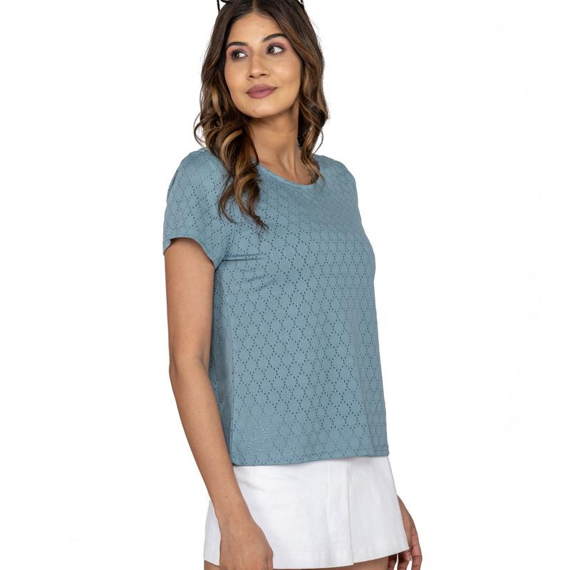 Crepe Regular Sleeves Striped Women Light Blue Top