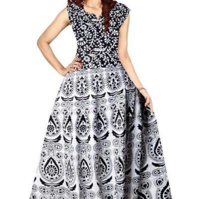(Half Sleeve)Cotton Printed Long Middi Frock Dress with Belt