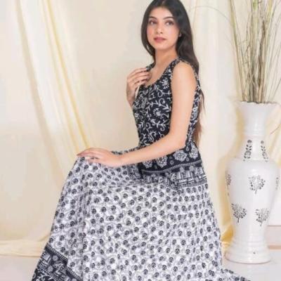(Half Sleeve)Cotton Printed Long Middi Frock Dress with Belt