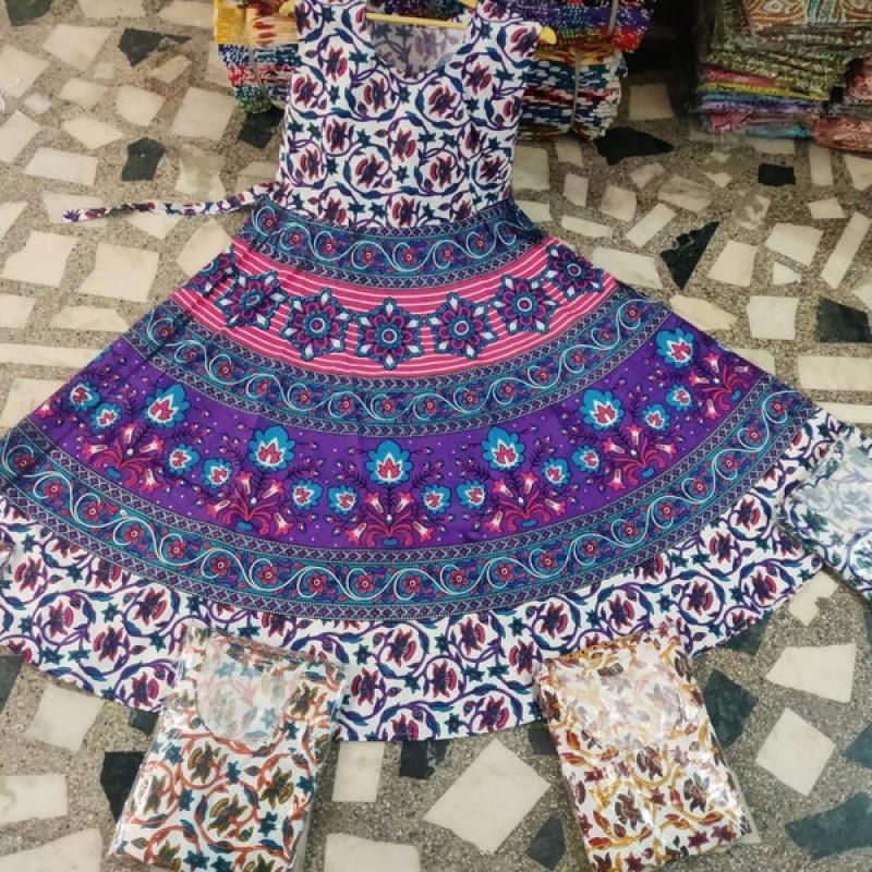 (Half Sleeve)Cotton Printed Long Middi Frock Dress with Belt