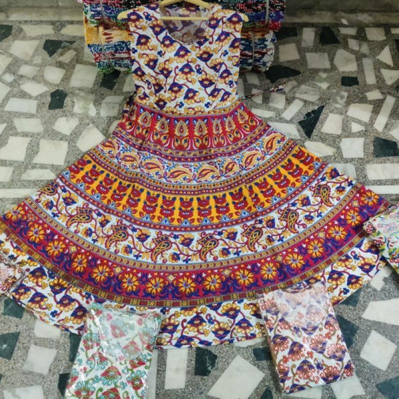 (Half Sleeve)Cotton Printed Long Middi Frock Dress with Belt