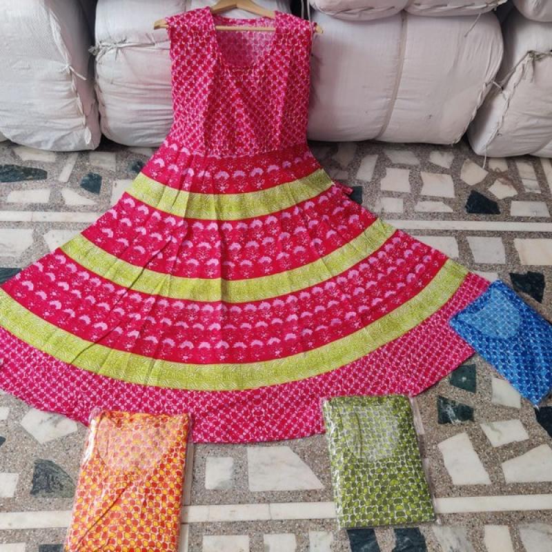 (Half Sleeve)Cotton Printed Long Middi Frock Dress with Belt