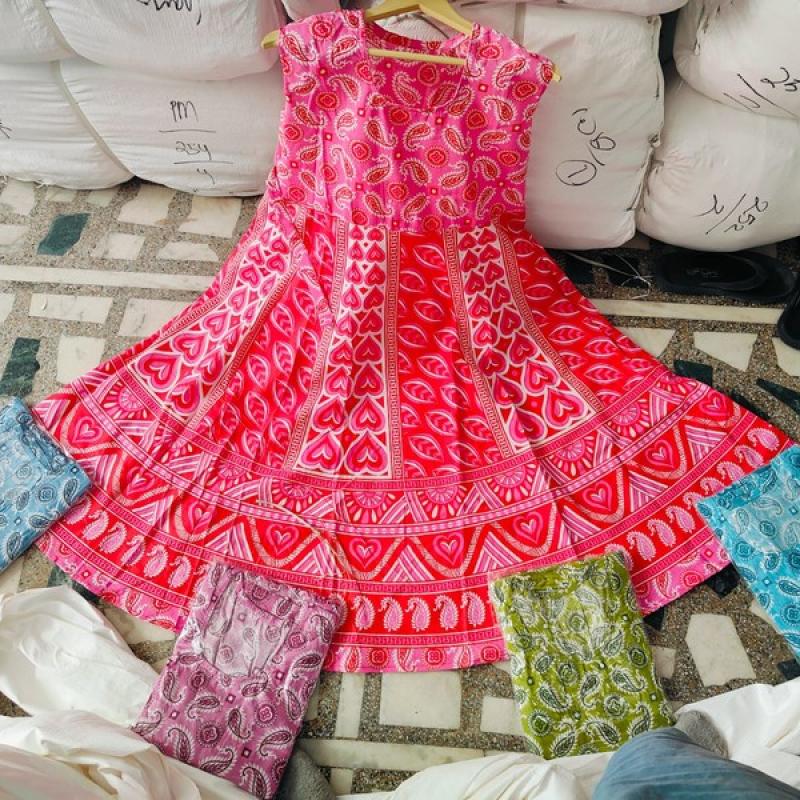 (Half Sleeve)Cotton Printed Long Middi Frock Dress with Belt