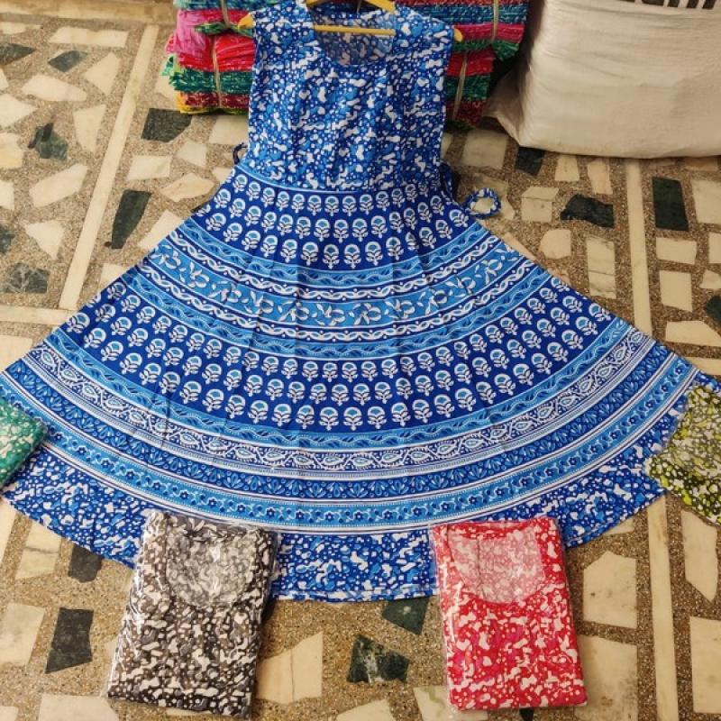 (Half Sleeve)Cotton Printed Long Middi Frock Dress with Belt