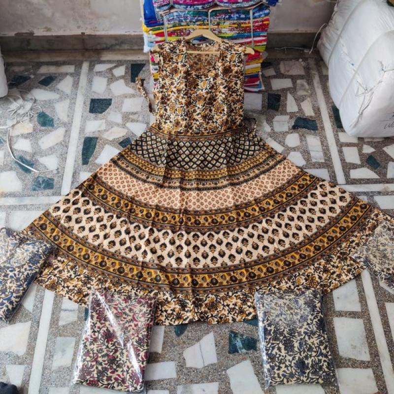 (Half Sleeve)Cotton Printed Long Middi Frock Dress with Belt