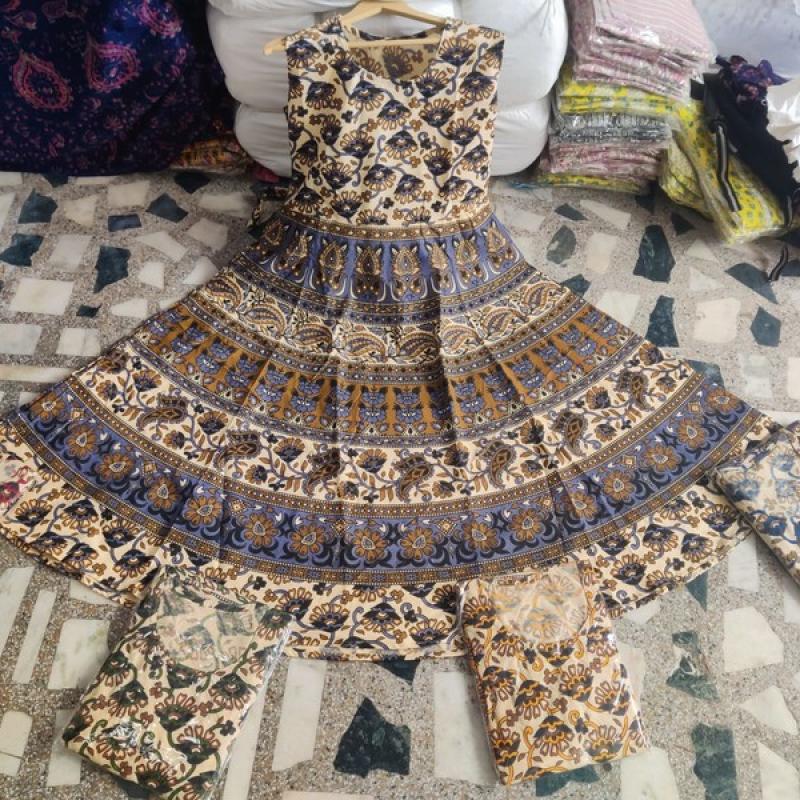 (Half Sleeve)Cotton Printed Long Middi Frock Dress with Belt