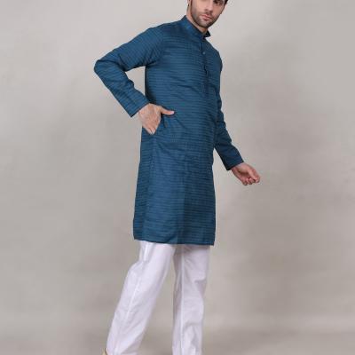 Charvi - Blue Cotton Viscose Blend Self Design Woven Mens Kurta