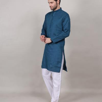 Charvi - Blue Cotton Viscose Blend Self Design Woven Mens Kurta