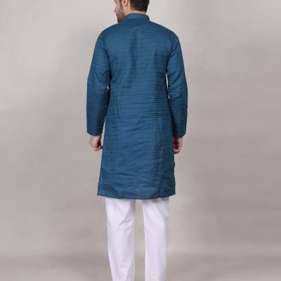 Charvi - Blue Cotton Viscose Blend Self Design Woven Mens Kurta