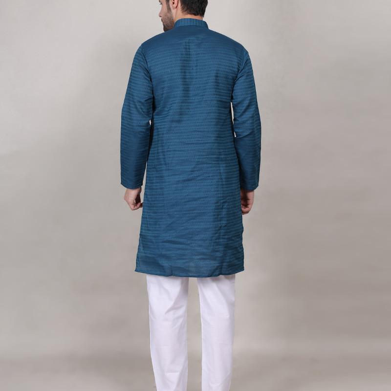 Charvi - Blue Cotton Viscose Blend Self Design Woven Mens Kurta