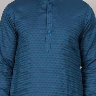 Charvi - Blue Cotton Viscose Blend Self Design Woven Mens Kurta
