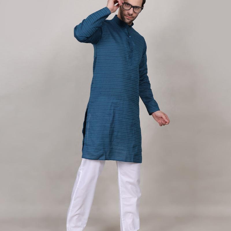 Charvi - Blue Cotton Viscose Blend Self Design Woven Mens Kurta