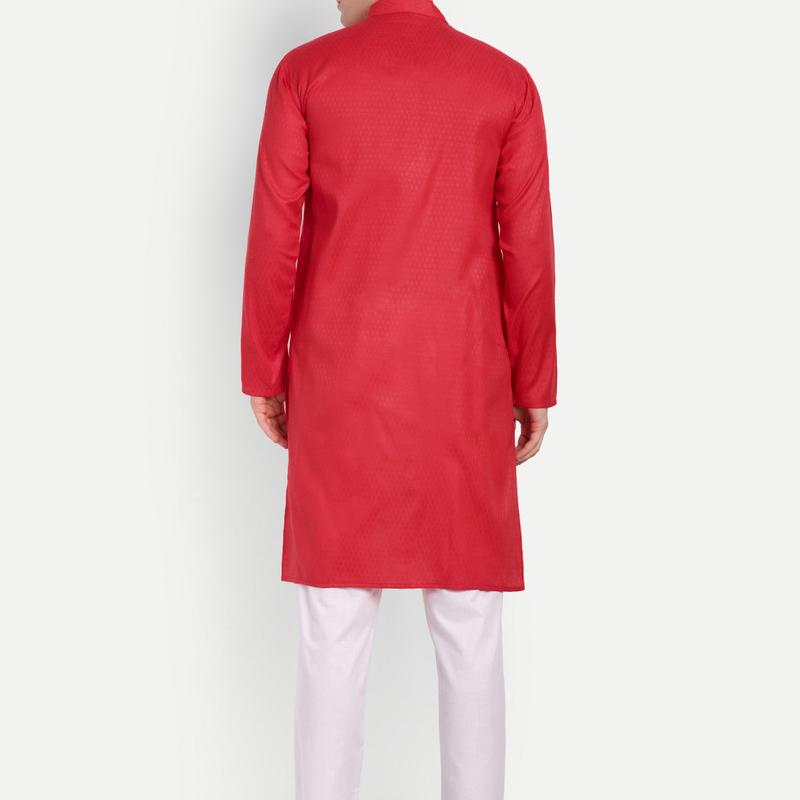 Charvi - Red Self Design Cotton Mens Daily Wear Kurta