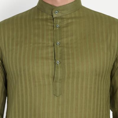 Charvi - Olive Green Self Striped Oure Cotton kurta
