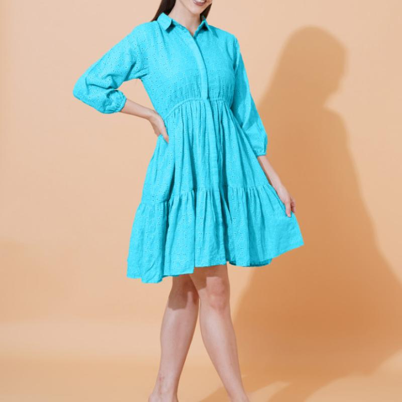 Women Schiffli Solid Puff Sleeve Cotton Shirt Dress