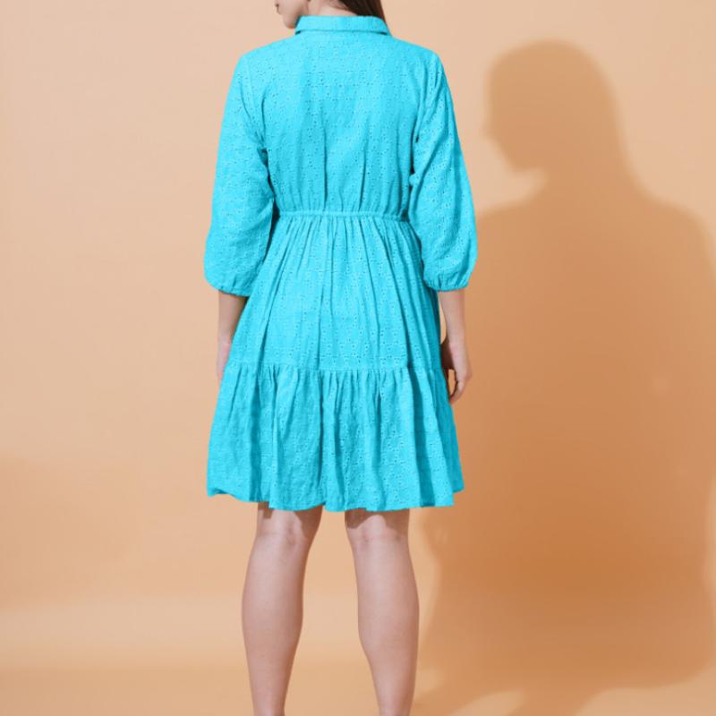 Women Schiffli Solid Puff Sleeve Cotton Shirt Dress