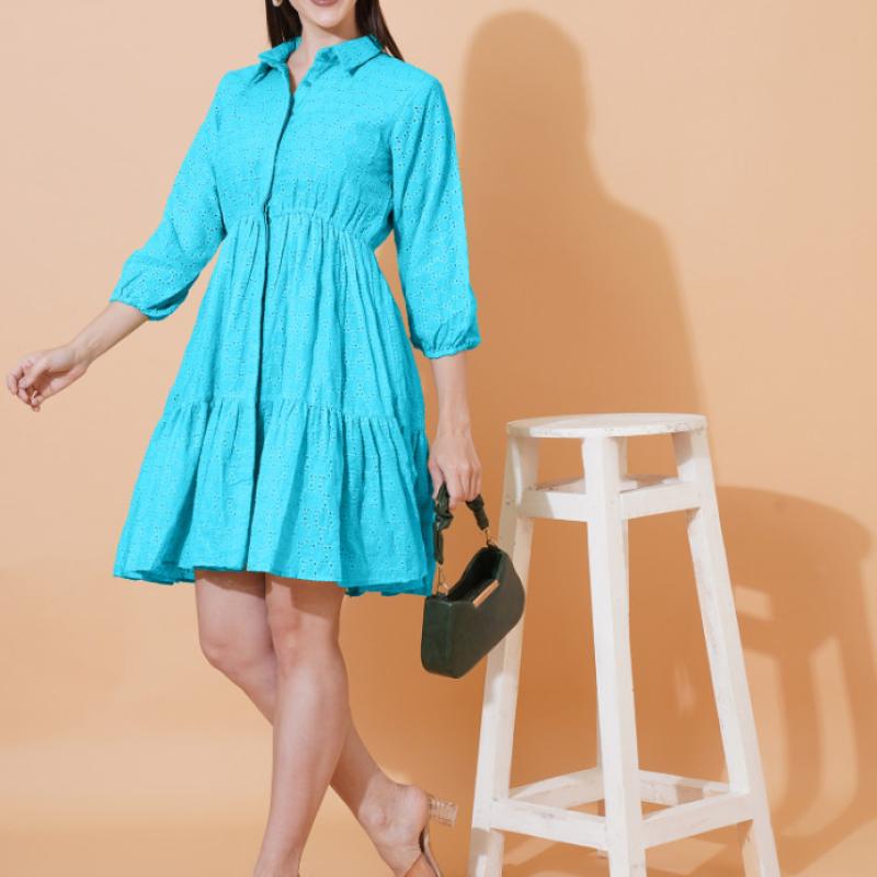Women Schiffli Solid Puff Sleeve Cotton Shirt Dress
