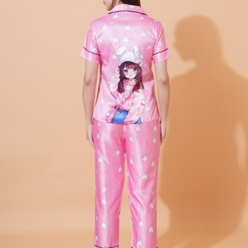 Women Satin Half Sleeve Ai Printed Night Suit