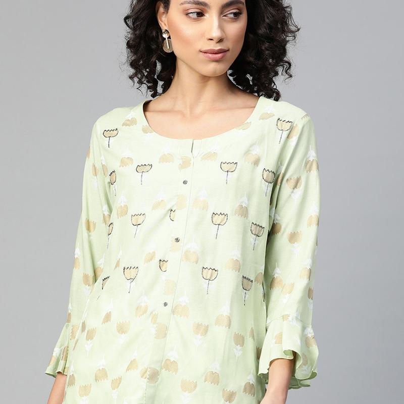 Rayon Casual 3/4 Sleeve Printed Women Green Top