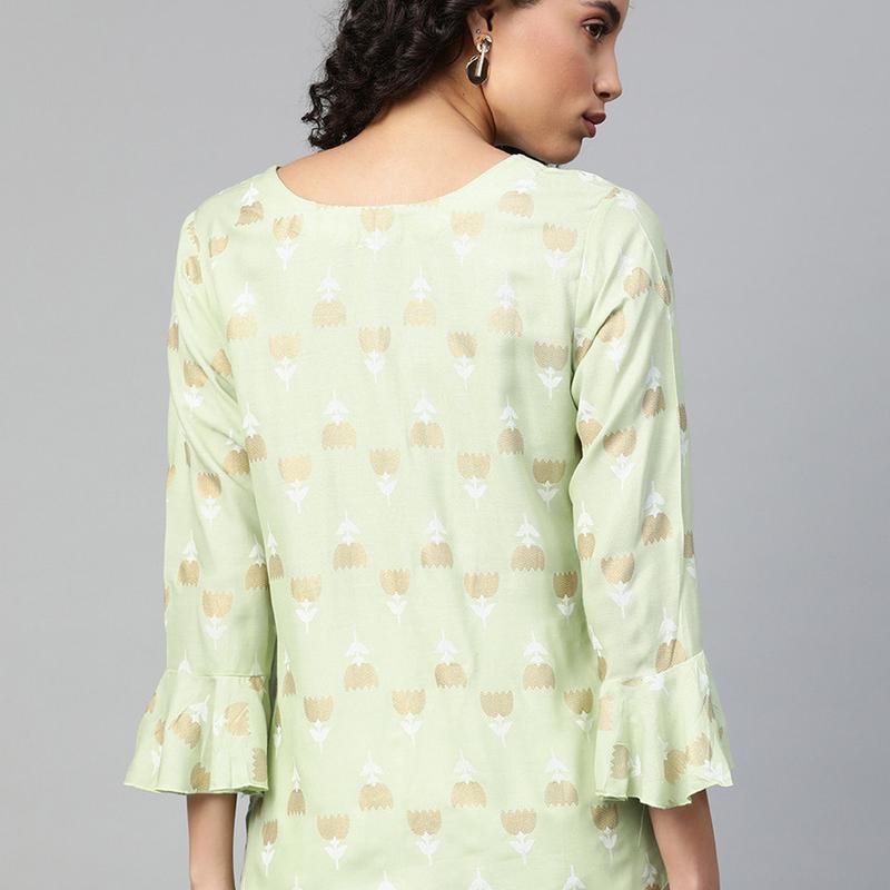 Rayon Casual 3/4 Sleeve Printed Women Green Top
