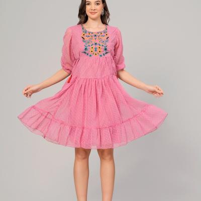 Jessie - Women Pink Crape Dobby Flair Dress