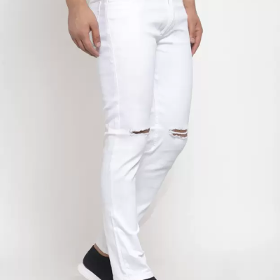 Mou - MM-21 White Knee Cut Denim Jeans For Men