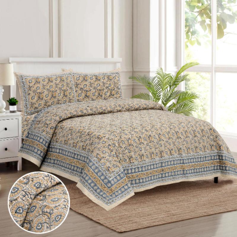 Cotton Printed Tulsi Theme Double Bedsheet with Pillow Covers
